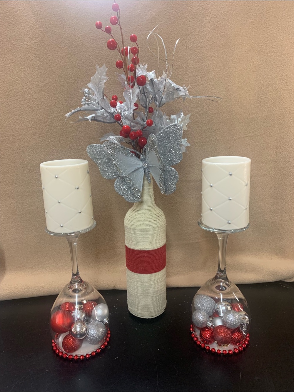 Holiday Red & Silver Decorative Bottle Centerpiece - Home Holiday